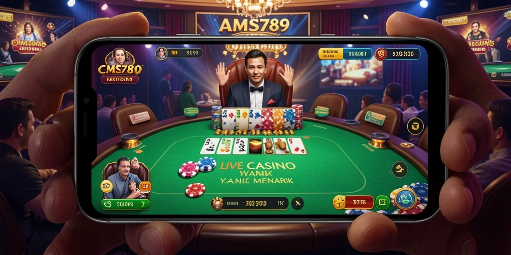 Tangkapan layar AMS789 menunjukkan dealer langsung dalam aksi permainan kasino.