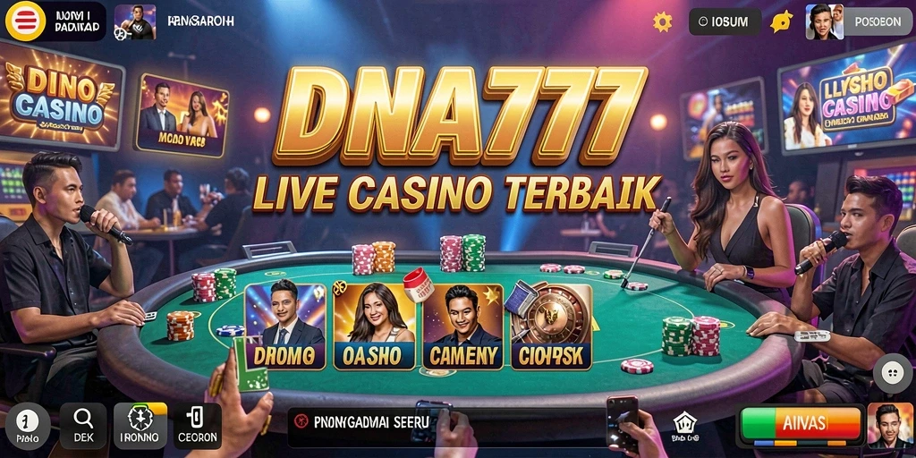 Screenshot utama DNA777 menampilkan dealer dan pemain dalam sesi Live Casino.