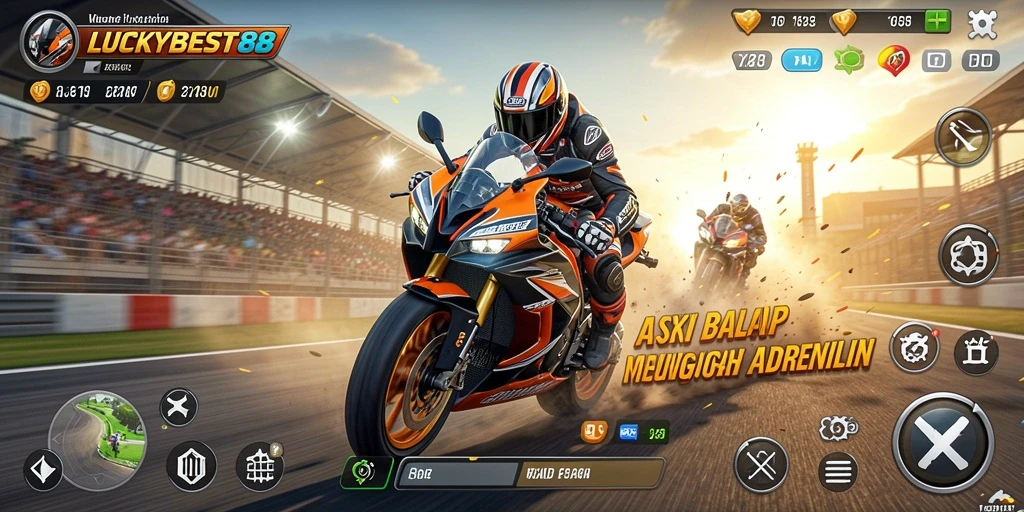 Tampilan gameplay seru LUCKYBEST88 dengan aksi balap motor yang mendebarkan.