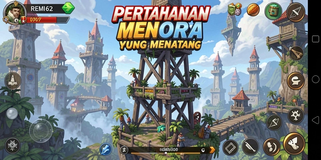 Tampilan permainan <strong>REMI62</strong> dengan grafik menara dan musuh yang dinamis.