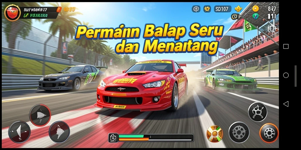 Screenshot gameplay SD107 menampilkan aksi balap yang mendebarkan.