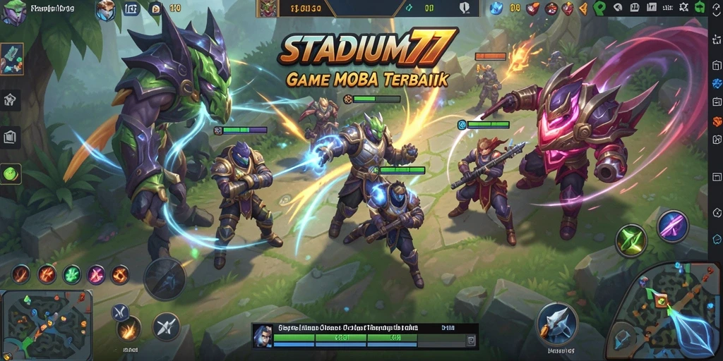 Screenshot gameplay STADIUM77 memperlihatkan pertempuran seru antar hero.
