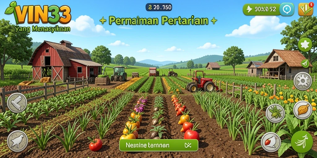 Tampilan gameplay WIN33 dengan berbagai tanaman dan hewan ternak.